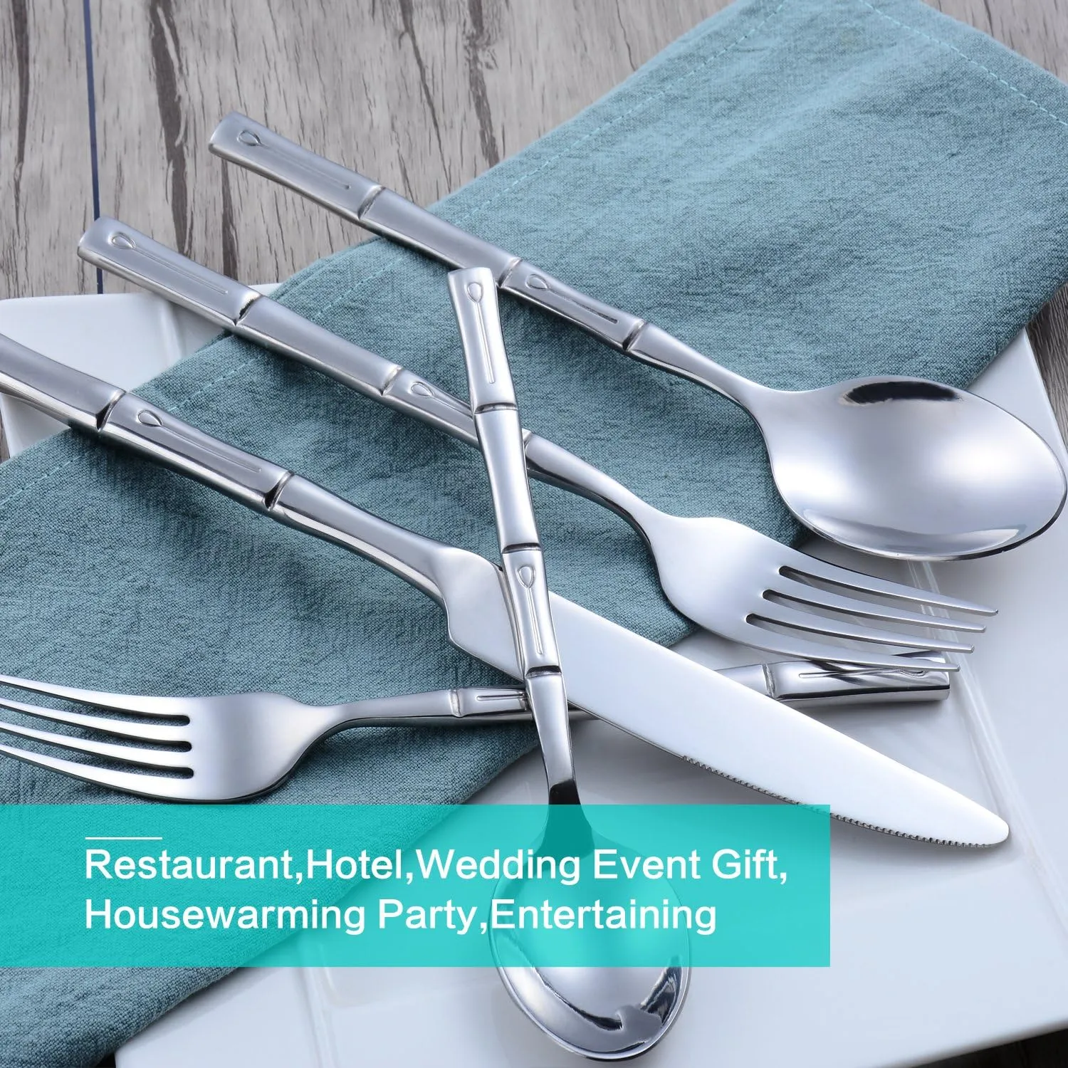Silverware Set Silver Bamboo Handle Flatware Stainless Steel Heavy Cutlery Set 20 Pieces Mirror Polished Spoons Forks and Knives Service for 4
