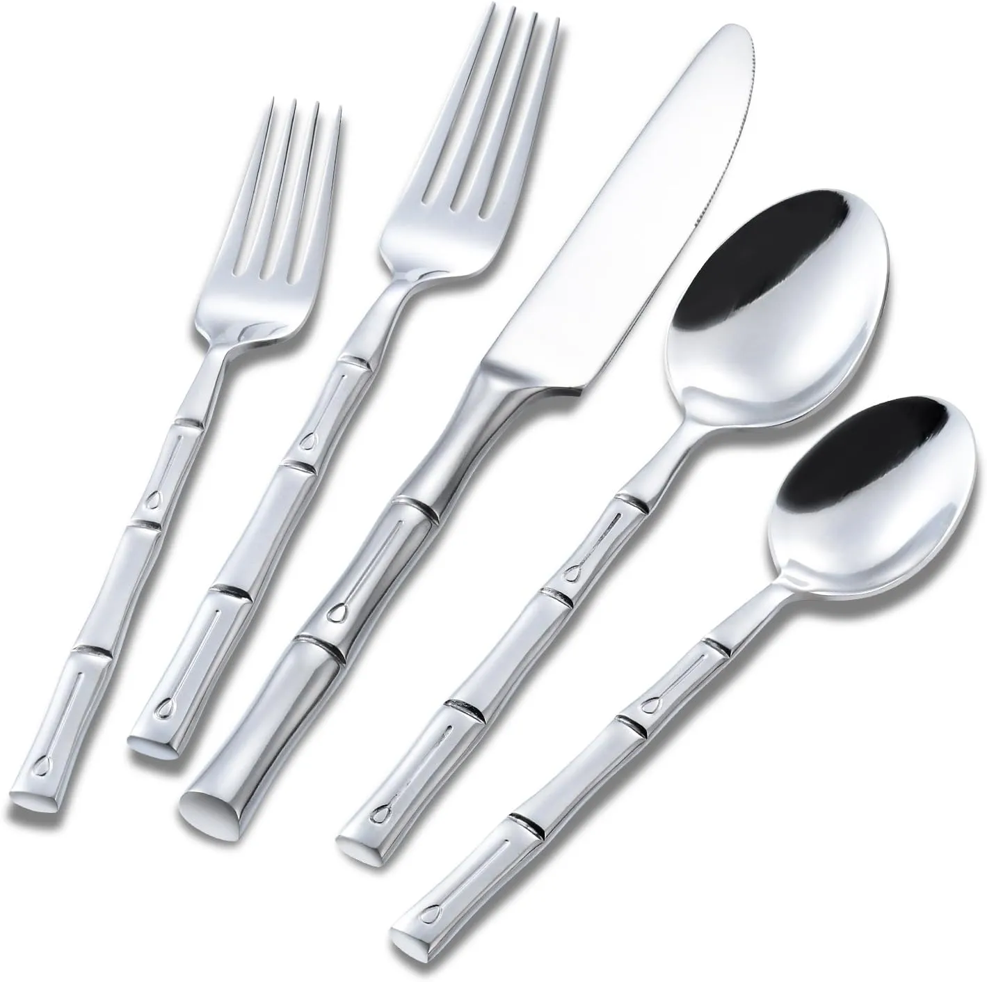 Silverware Set Silver Bamboo Handle Flatware Stainless Steel Heavy Cutlery Set 20 Pieces Mirror Polished Spoons Forks and Knives Service for 4