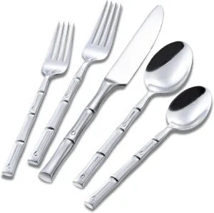 Silverware Set Silver Bamboo Handle Flatware Stainless Steel Heavy Cutlery Set 20 Pieces Mirror Polished Spoons Forks and Knives Service for 4