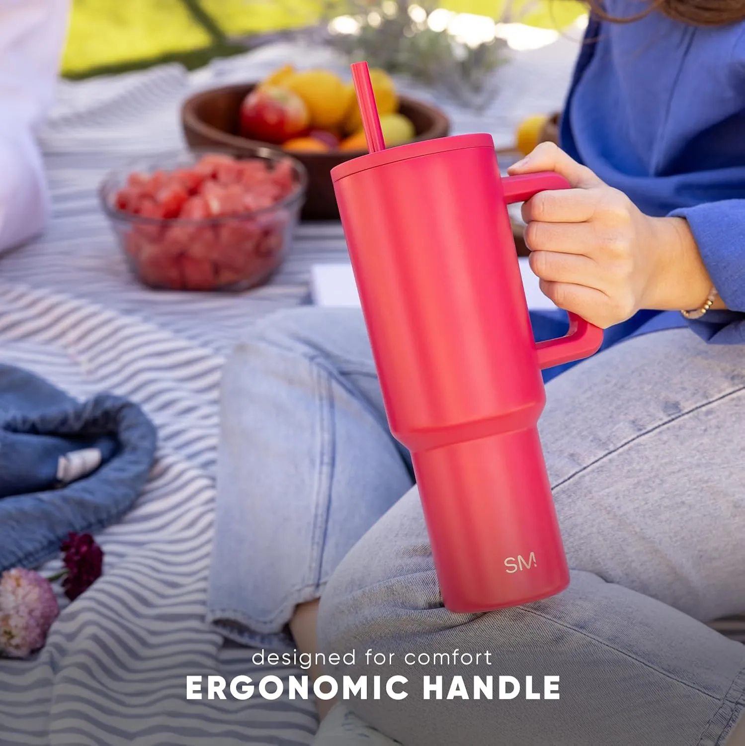 Simple Modern 40 oz Trek Tumbler with Handle and Straw Lid | Cup Holder Friendly Insulated Stainless Steel Travel Mug | Blue Dune