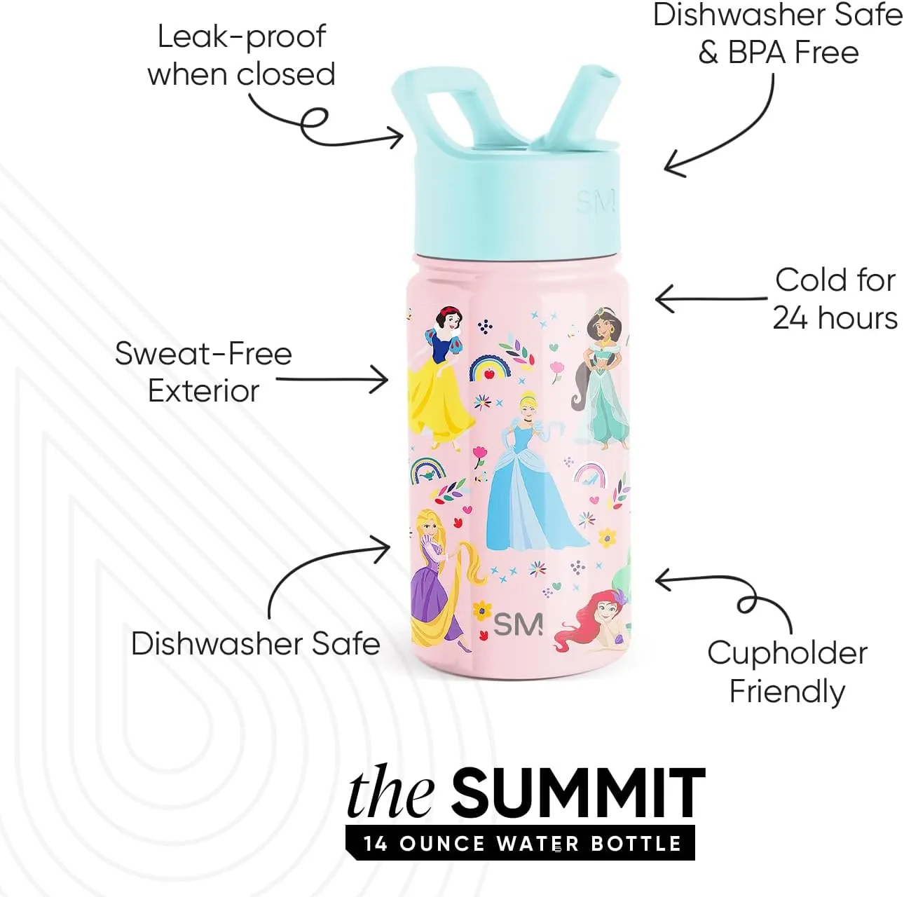 Simple Modern Kids Summit Water Bottle with Straw Lid | Disney Princess 14oz Stainless Steel Cup Insulated Tumbler for Girls, School | Princess Rainbows