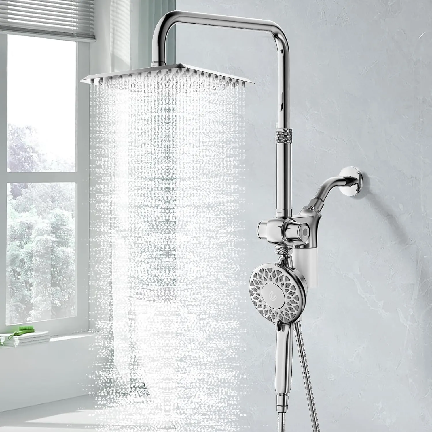 SINGSUO Filtered Rain Shower Head with Handheld Spray Combo, High Pressure Dual Shower Head with Filter for Hard Water, Modern Magnetix Double Shower Head and Handle Set, Adjustable Lift Bar (Chrome)