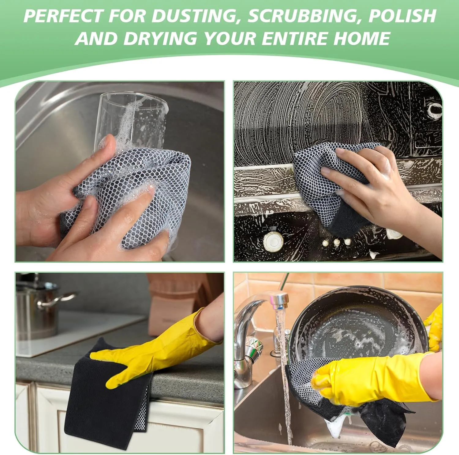 SINLAND Microfiber Dish Cloth for Washing Dishes Dish Washing Rags Best Kitchen Washcloth Cleaning Cloths Wash Cloths with Poly Scour Side 12Inchx12Inch 10 Pack Black
