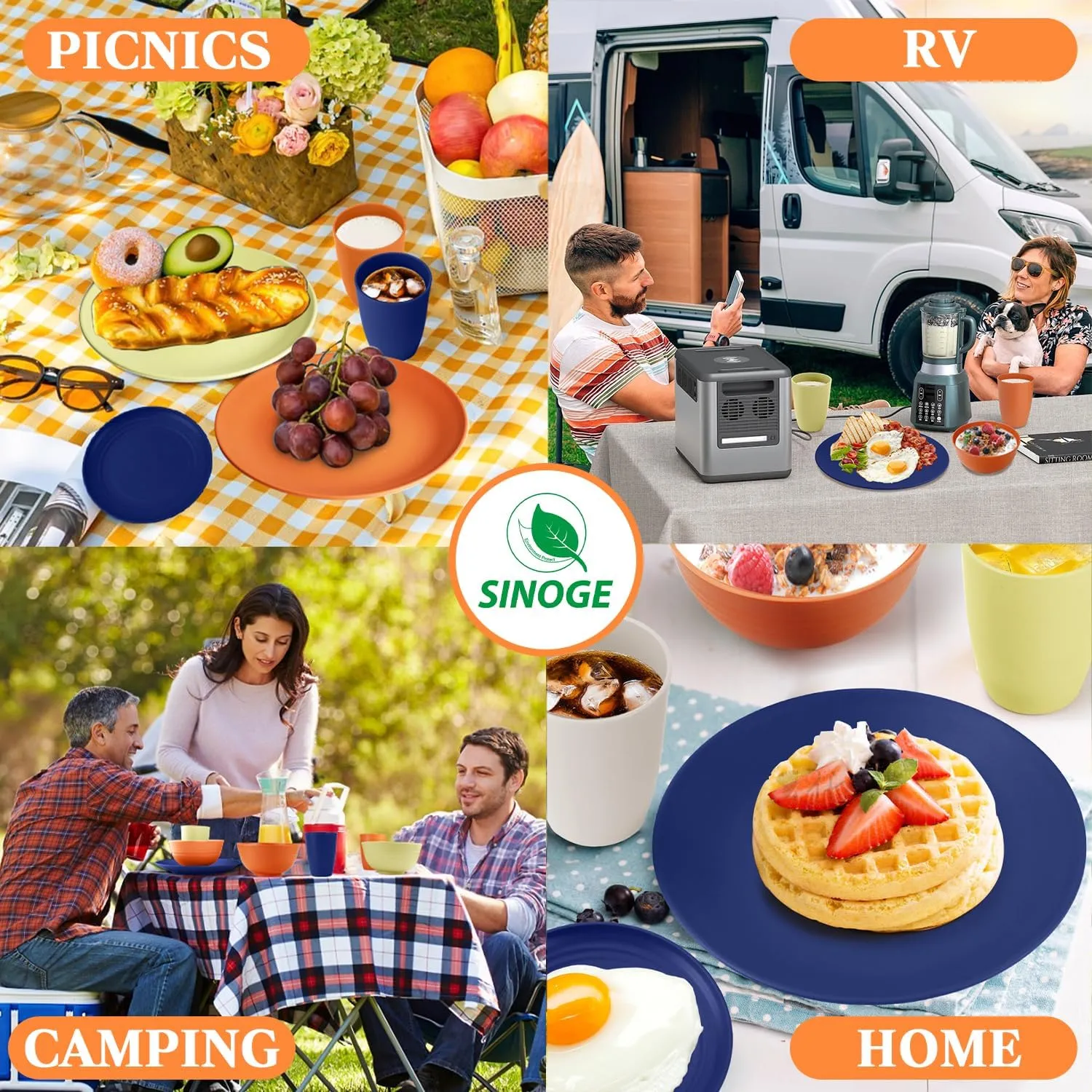 SINOGE 40PCS Plates and Bowls Sets, Unbreakable Wheat Straw Dinnerware Sets for 8,Kitchen Reusable Wheat Strasw Dinning Dishes,Dishwasher Microwave Safe Plates,RV.Camping Picnic Dishes-Sunset Feast
