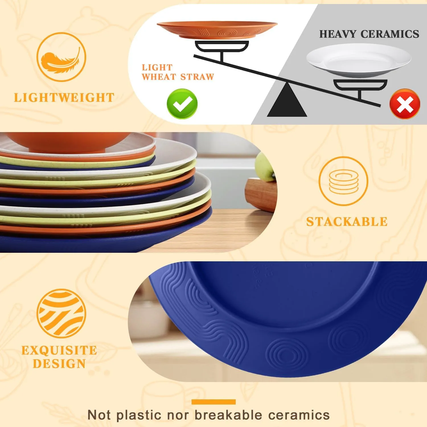 SINOGE 40PCS Plates and Bowls Sets, Unbreakable Wheat Straw Dinnerware Sets for 8,Kitchen Reusable Wheat Strasw Dinning Dishes,Dishwasher Microwave Safe Plates,RV.Camping Picnic Dishes-Sunset Feast