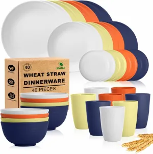 SINOGE 40PCS Plates and Bowls Sets, Unbreakable Wheat Straw Dinnerware Sets for 8,Kitchen Reusable Wheat Strasw Dinning Dishes,Dishwasher Microwave Safe Plates,RV.Camping Picnic Dishes-Sunset Feast