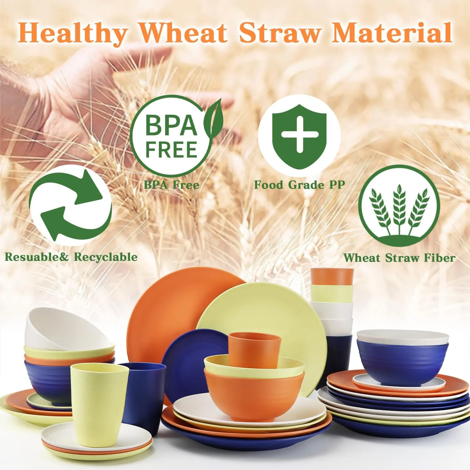 SINOGE 40PCS Plates and Bowls Sets, Unbreakable Wheat Straw Dinnerware Sets for 8,Kitchen Reusable Wheat Strasw Dinning Dishes,Dishwasher Microwave Safe Plates,RV.Camping Picnic Dishes-Sunset Feast