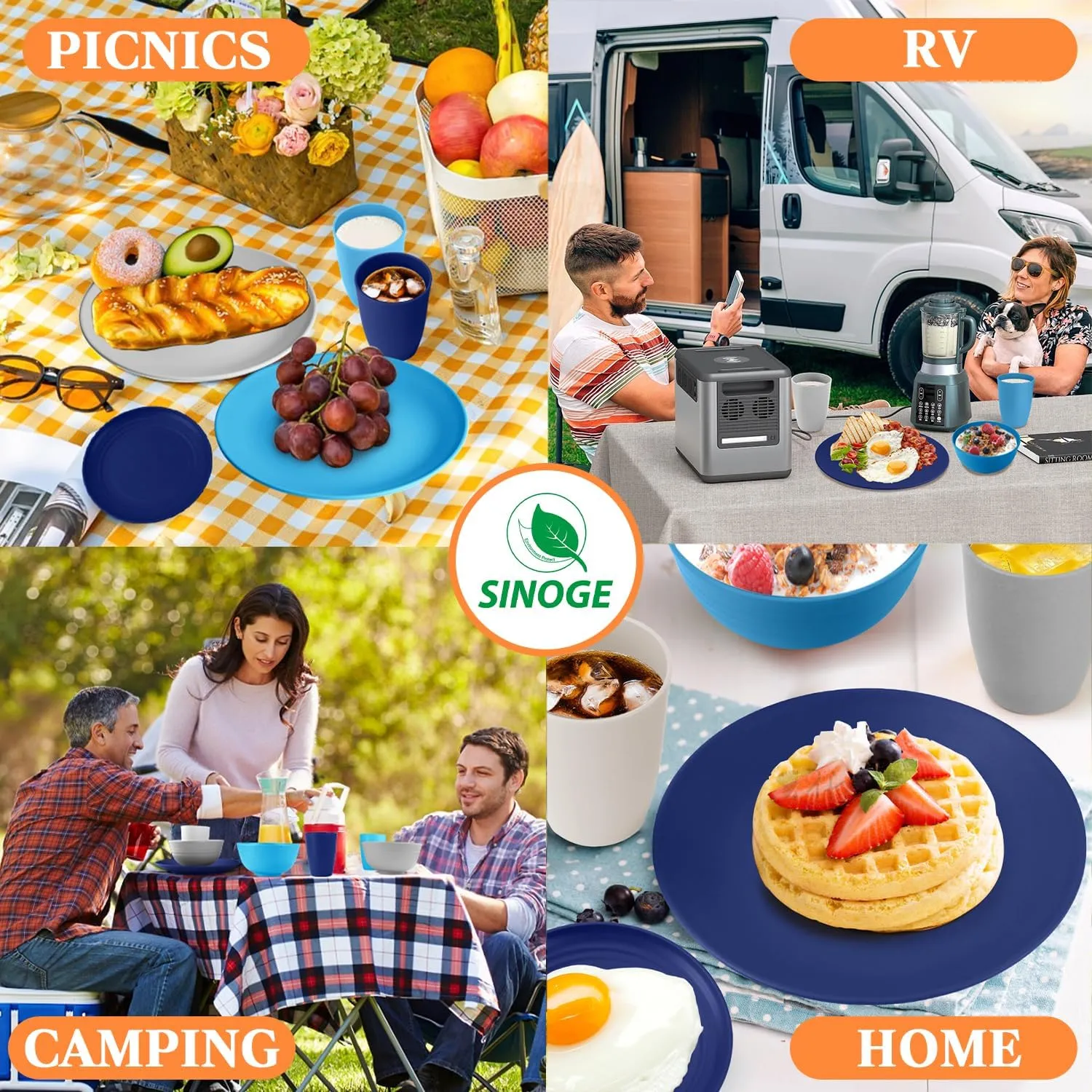 SINOGE 40PCS Plates and Bowls Sets, Unbreakable Wheat Straw Dinnerware Sets for 8,Plastic Reusable Kitchen dishes set,Dishwasher Microwave Safe Plates,RV.Camping Picnic Outdoor Dishes-Coastal Feast