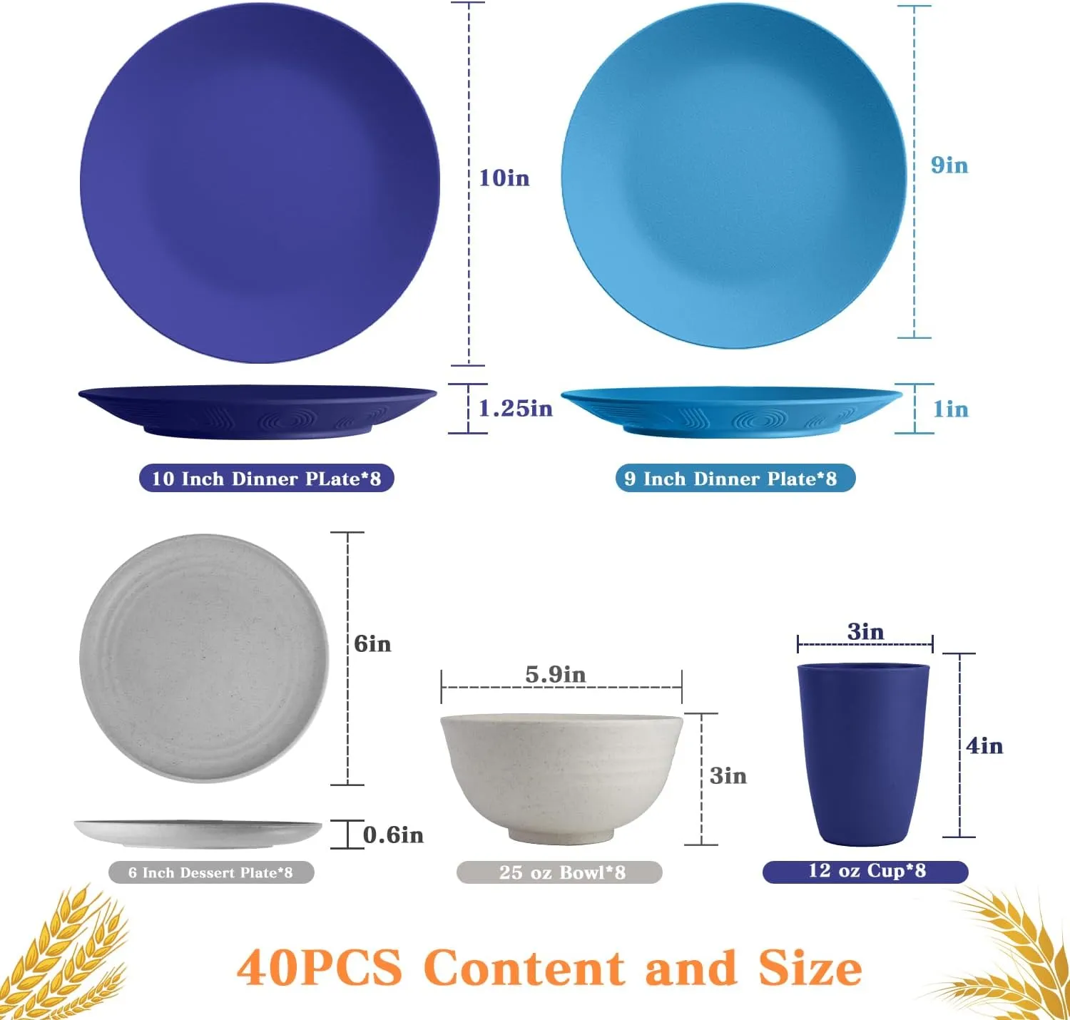 SINOGE 40PCS Plates and Bowls Sets, Unbreakable Wheat Straw Dinnerware Sets for 8,Plastic Reusable Kitchen dishes set,Dishwasher Microwave Safe Plates,RV.Camping Picnic Outdoor Dishes-Coastal Feast