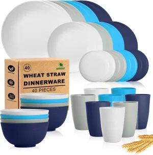 SINOGE 40PCS Plates and Bowls Sets, Unbreakable Wheat Straw Dinnerware Sets for 8,Plastic Reusable Kitchen dishes set,Dishwasher Microwave Safe Plates,RV.Camping Picnic Outdoor Dishes-Coastal Feast