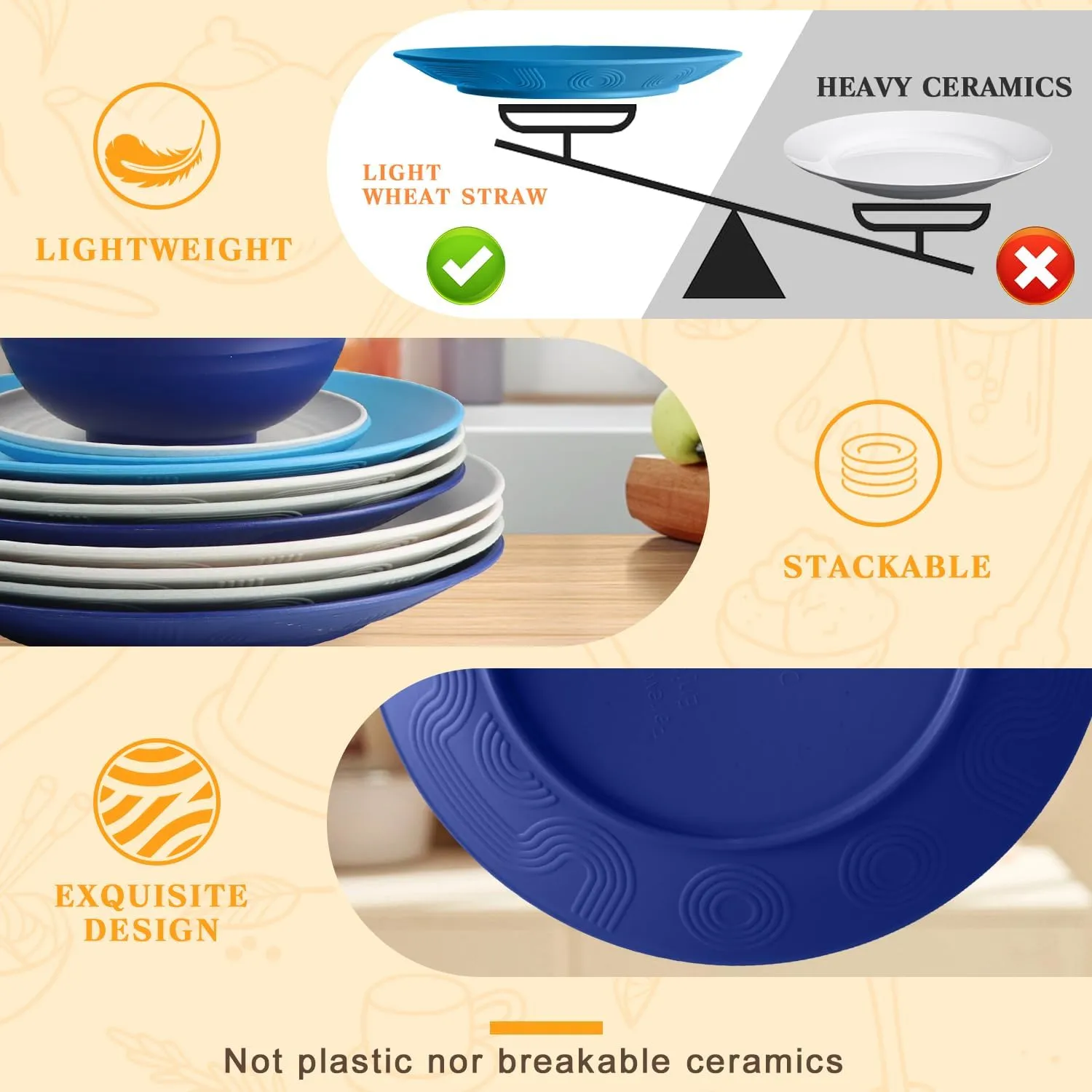SINOGE 40PCS Plates and Bowls Sets, Unbreakable Wheat Straw Dinnerware Sets for 8,Plastic Reusable Kitchen dishes set,Dishwasher Microwave Safe Plates,RV.Camping Picnic Outdoor Dishes-Coastal Feast