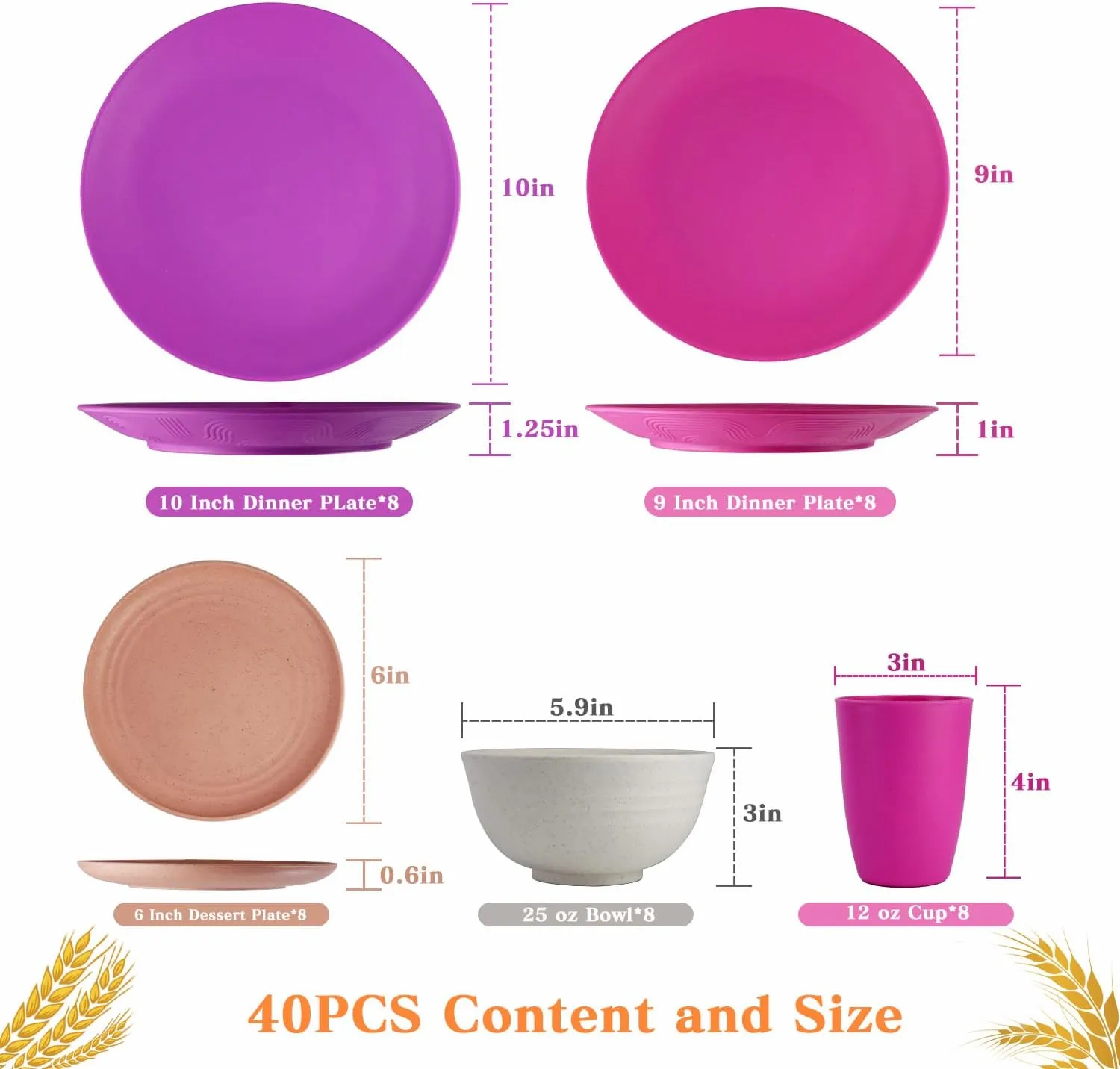 SINOGE 40PCS Wheat Straw Dinnerware Sets for 8,Unbreakable Plastic Plates and Bowls Sets Cups for Kitchen Dinner dish set, Dishwasher Microwave Safe Plates,RV.Camping Traveling plates- Floral Feast