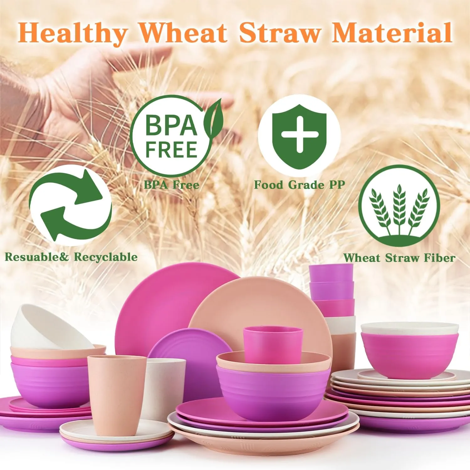 SINOGE 40PCS Wheat Straw Dinnerware Sets for 8,Unbreakable Plastic Plates and Bowls Sets Cups for Kitchen Dinner dish set, Dishwasher Microwave Safe Plates,RV.Camping Traveling plates- Floral Feast