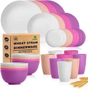 SINOGE 40PCS Wheat Straw Dinnerware Sets for 8,Unbreakable Plastic Plates and Bowls Sets Cups for Kitchen Dinner dish set, Dishwasher Microwave Safe Plates,RV.Camping Traveling plates- Floral Feast