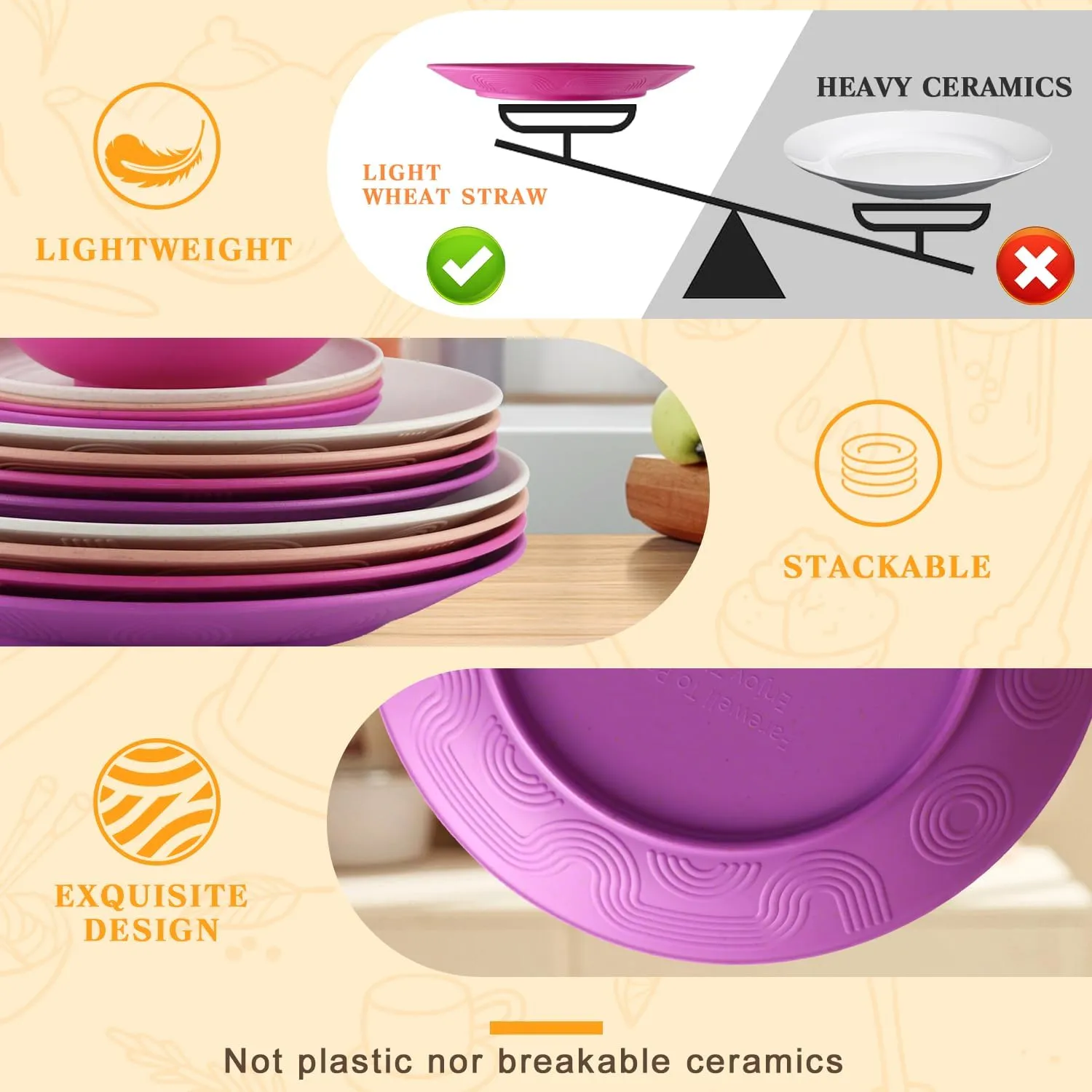 SINOGE 40PCS Wheat Straw Dinnerware Sets for 8,Unbreakable Plastic Plates and Bowls Sets Cups for Kitchen Dinner dish set, Dishwasher Microwave Safe Plates,RV.Camping Traveling plates- Floral Feast
