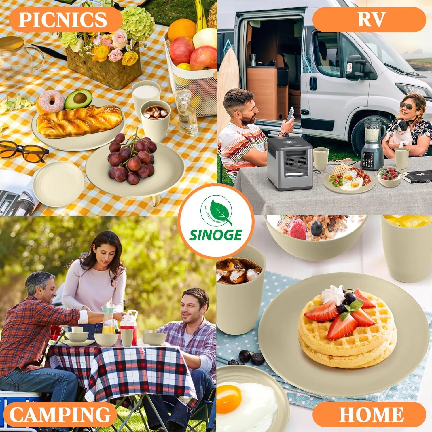 SINOGE 40PCS Wheat Straw Dinnerware Sets for 8,Unbreakable Plastic Plates and Bowls Sets Reusable Kitchen Dinner dish set, Dishwasher Microwave Safe,RV.Camping Picnic dinnerware sets-Beige Feast