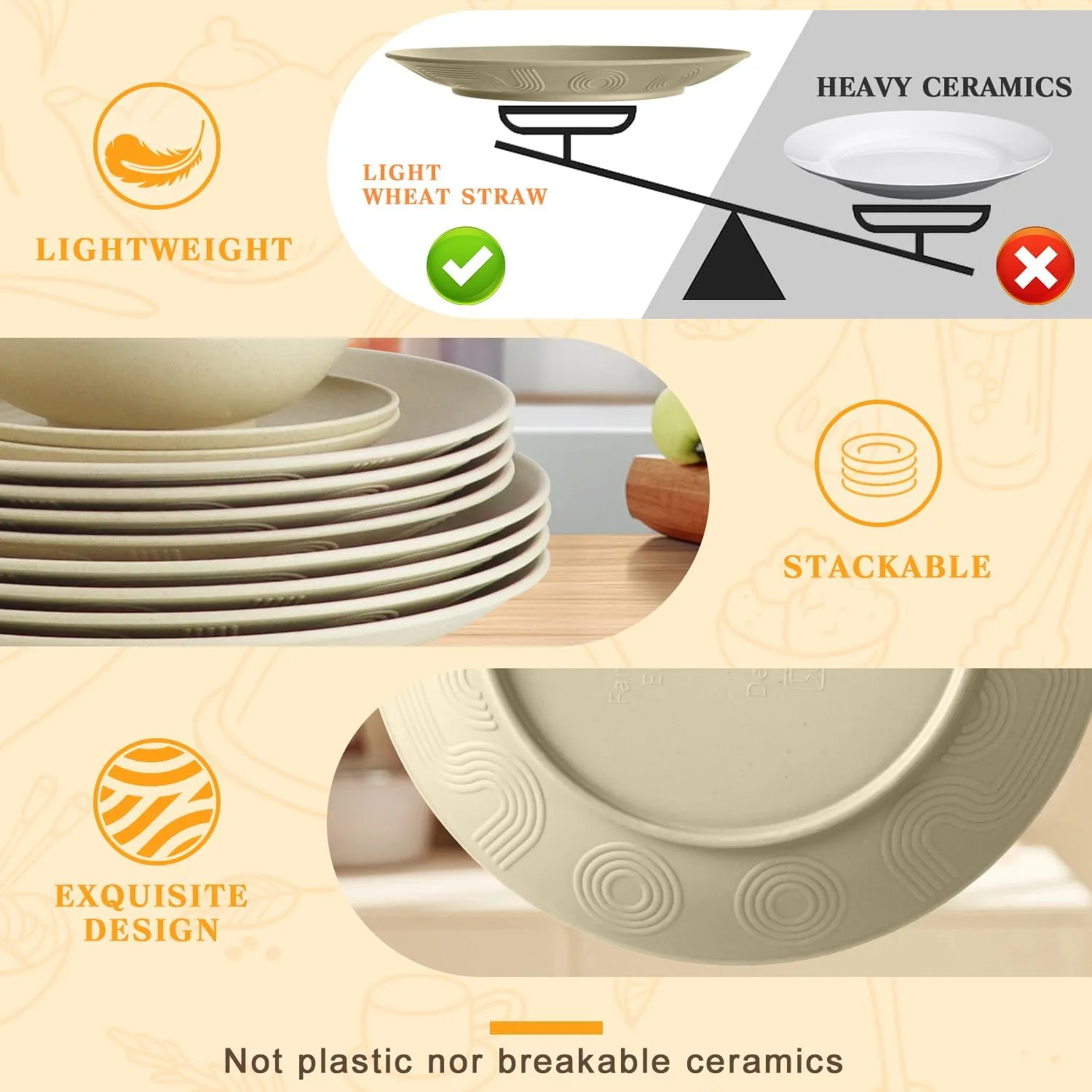 SINOGE 40PCS Wheat Straw Dinnerware Sets for 8,Unbreakable Plastic Plates and Bowls Sets Reusable Kitchen Dinner dish set, Dishwasher Microwave Safe,RV.Camping Picnic dinnerware sets-Beige Feast
