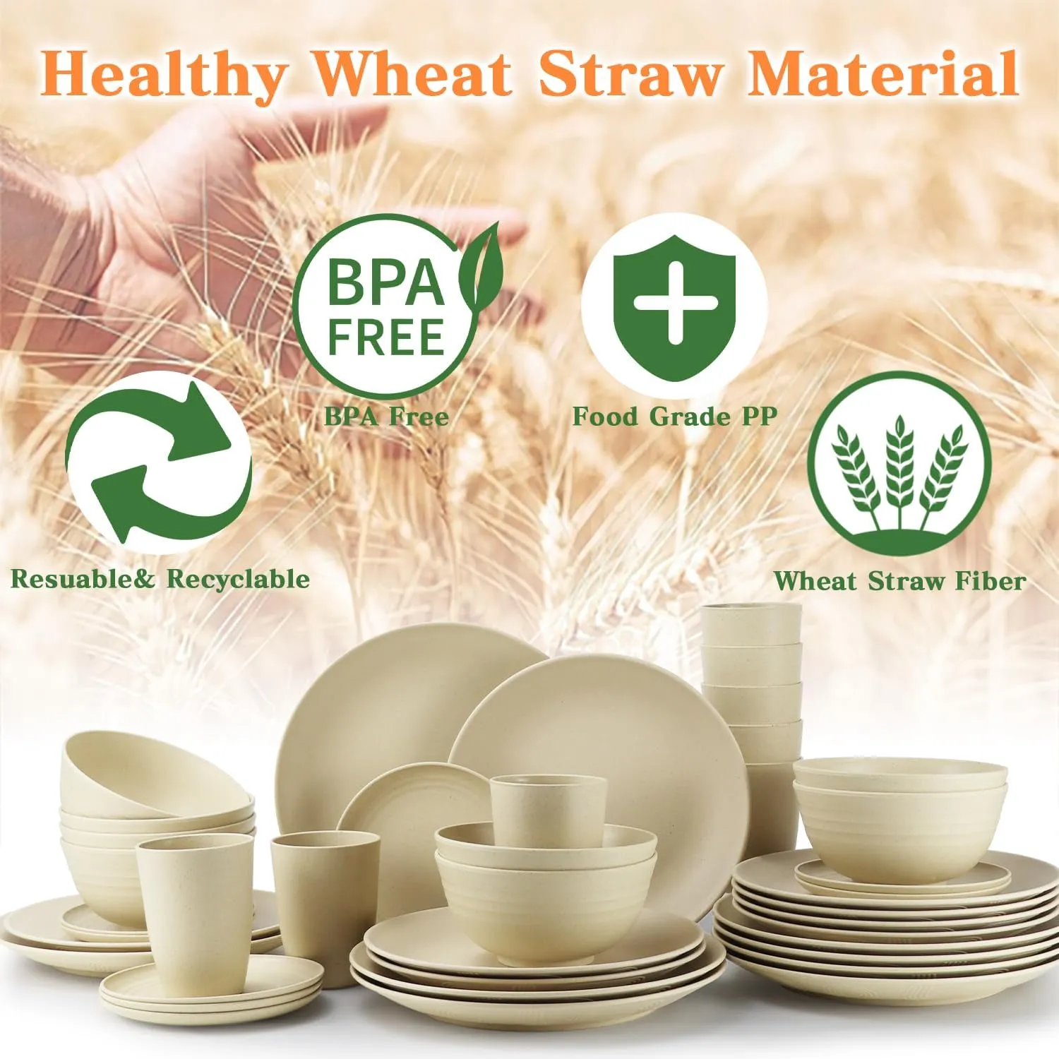SINOGE 40PCS Wheat Straw Dinnerware Sets for 8,Unbreakable Plastic Plates and Bowls Sets Reusable Kitchen Dinner dish set, Dishwasher Microwave Safe,RV.Camping Picnic dinnerware sets-Beige Feast