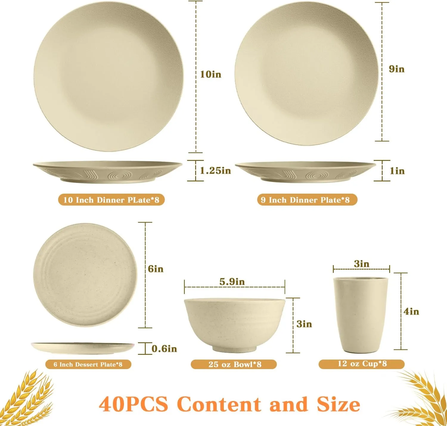 SINOGE 40PCS Wheat Straw Dinnerware Sets for 8,Unbreakable Plastic Plates and Bowls Sets Reusable Kitchen Dinner dish set, Dishwasher Microwave Safe,RV.Camping Picnic dinnerware sets-Beige Feast