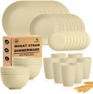 SINOGE 40PCS Wheat Straw Dinnerware Sets for 8,Unbreakable Plastic Plates and Bowls Sets Reusable Kitchen Dinner dish set, Dishwasher Microwave Safe,RV.Camping Picnic dinnerware sets-Beige Feast