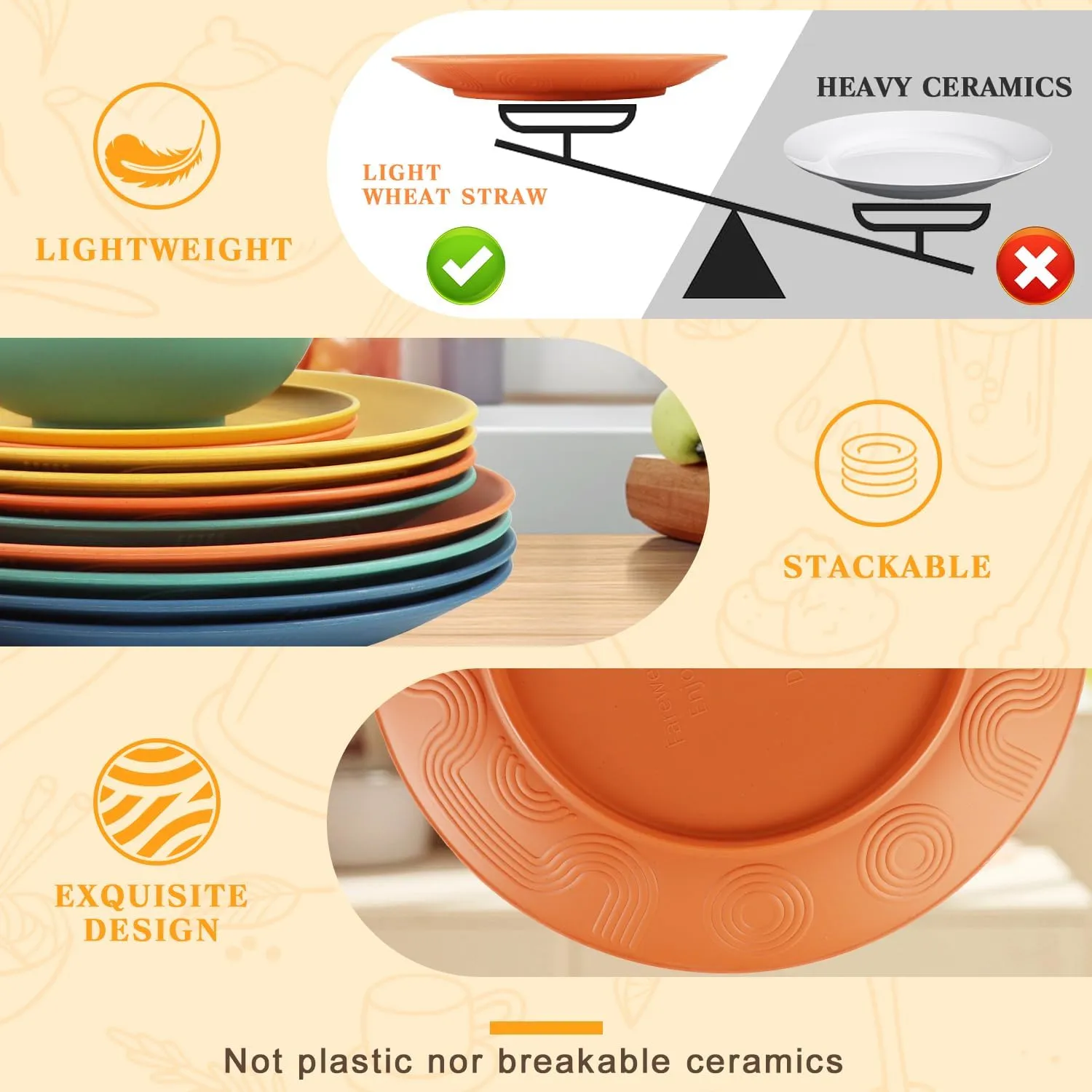 SINOGE Wheat Straw Dinnerware Sets, 40PCS Kids Dinner Plates and Cereal Bowls Set, Microwave and Dishwasher Safe Cups Set for 8, Lightweight Unbreakable Kitchen Dishes Dinnerware Sets- Multi