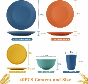 SINOGE Wheat Straw Dinnerware Sets, 40PCS Kids Dinner Plates and Cereal Bowls Set, Microwave and Dishwasher Safe Cups Set for 8, Lightweight Unbreakable Kitchen Dishes Dinnerware Sets- Multi