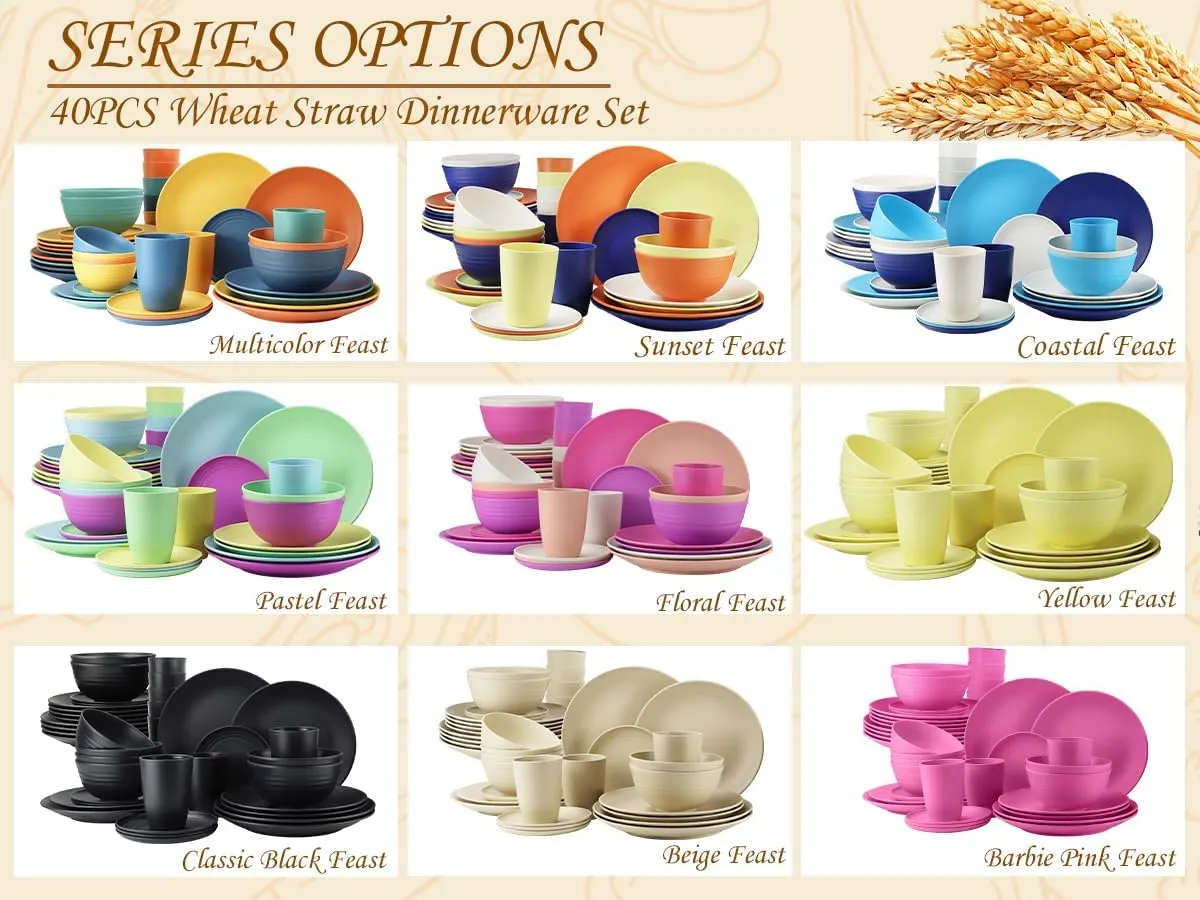SINOGE Wheat Straw Dinnerware Sets, 40PCS Kids Dinner Plates and Cereal Bowls Set, Microwave and Dishwasher Safe Cups Set for 8, Lightweight Unbreakable Kitchen Dishes Dinnerware Sets- Multi