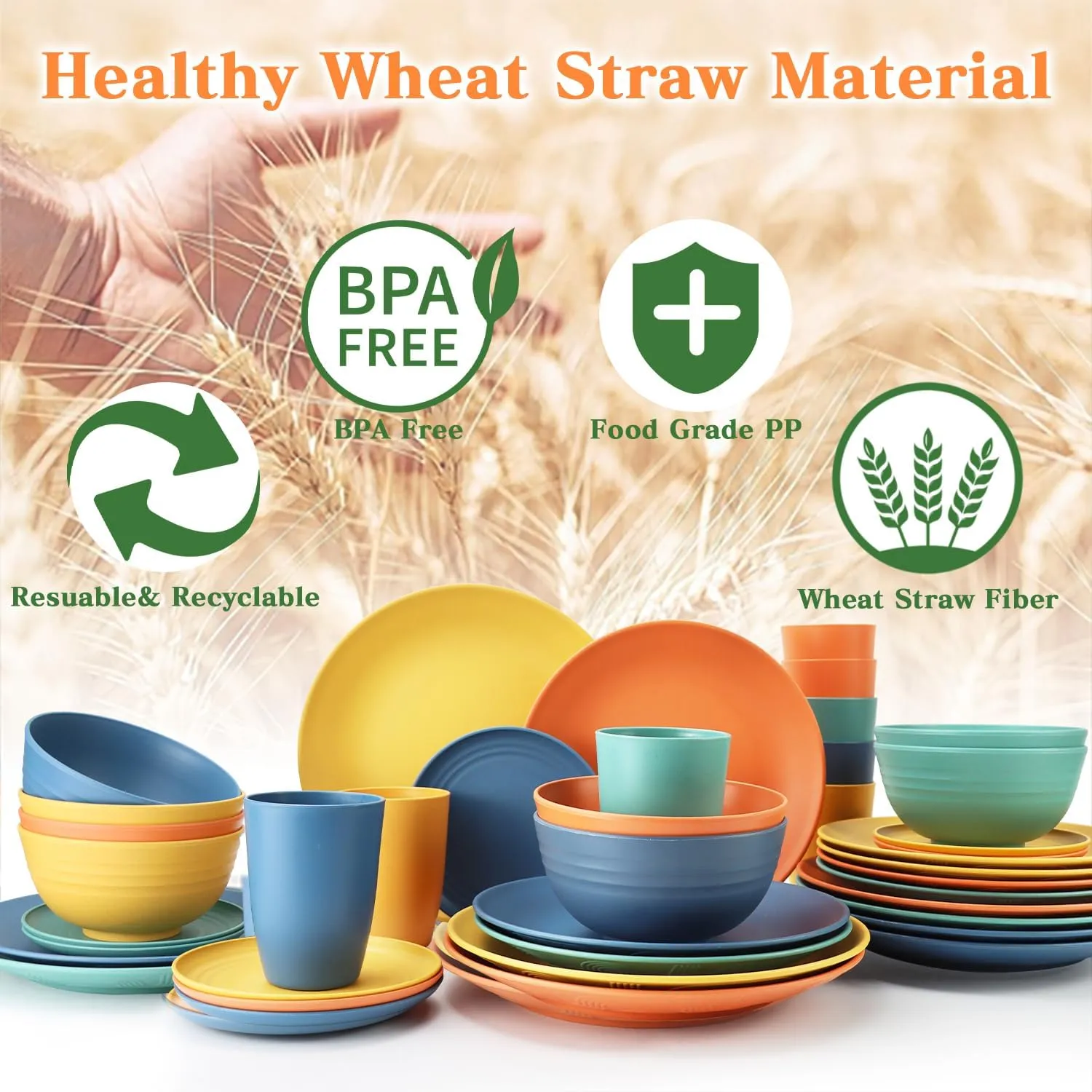 SINOGE Wheat Straw Dinnerware Sets, 40PCS Kids Dinner Plates and Cereal Bowls Set, Microwave and Dishwasher Safe Cups Set for 8, Lightweight Unbreakable Kitchen Dishes Dinnerware Sets- Multi