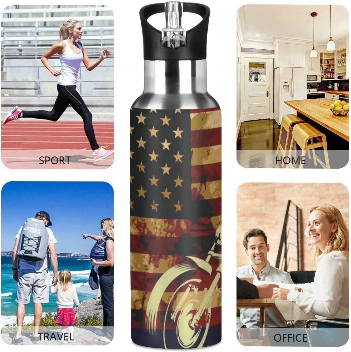 Skull Motorcycle American Flag Water Bottle - Reusable Water Bottle for Gym Bike Running Cycling 600 Milliliter 22 Ounce Stainless Steel Sports Water Bottle