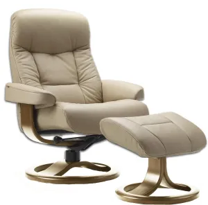 Small Leather Ergonomic Swivel Recliner Chair with Ottoman in Sandel NL 121 Nordic Line Leather with a Teak Wood Stain Base