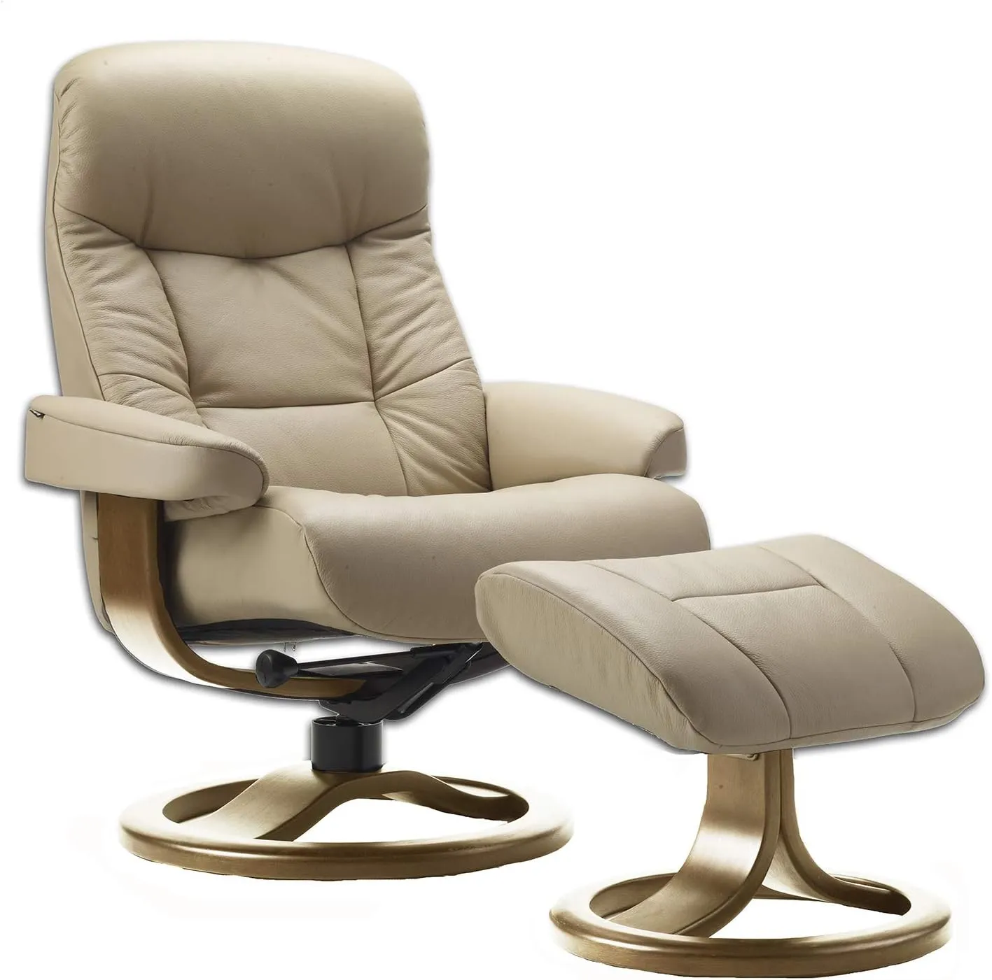 Small Leather Ergonomic Swivel Recliner Chair with Ottoman in Sandel NL 121 Nordic Line Leather with a Teak Wood Stain Base