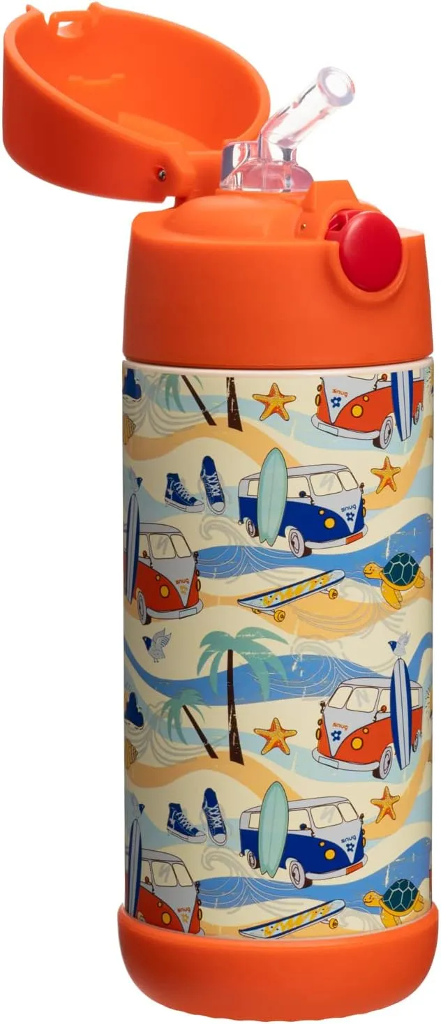 Snug Kids Water Bottle - insulated stainless steel thermos with straw (Girls/Boys) - Beach, 12oz