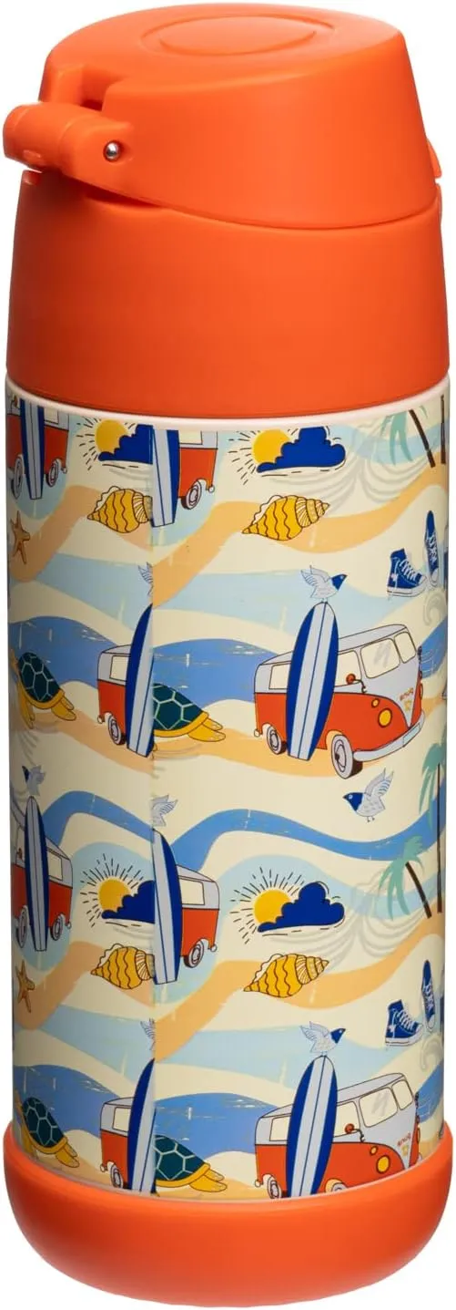 Snug Kids Water Bottle - insulated stainless steel thermos with straw (Girls/Boys) - Beach, 12oz