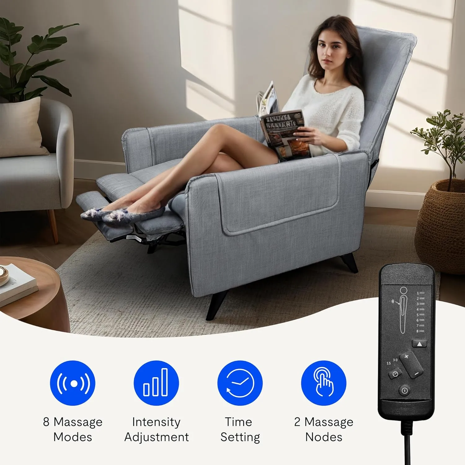 Softa Massage Recliner Chair for Adults, Fabric Reclining Chair Home Theater Seating with Extended Footrest, Adjustable Modern Single Sofa for Living Room,Bedroom (Light Gray)