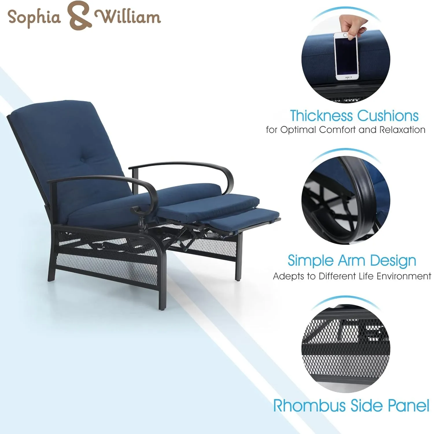 Sophia & William Outdoor Recliner Chairs Set of 2 Adjustable Patio Reclining Lounge Chair with Removable Cushion Support 300lbs, Navy