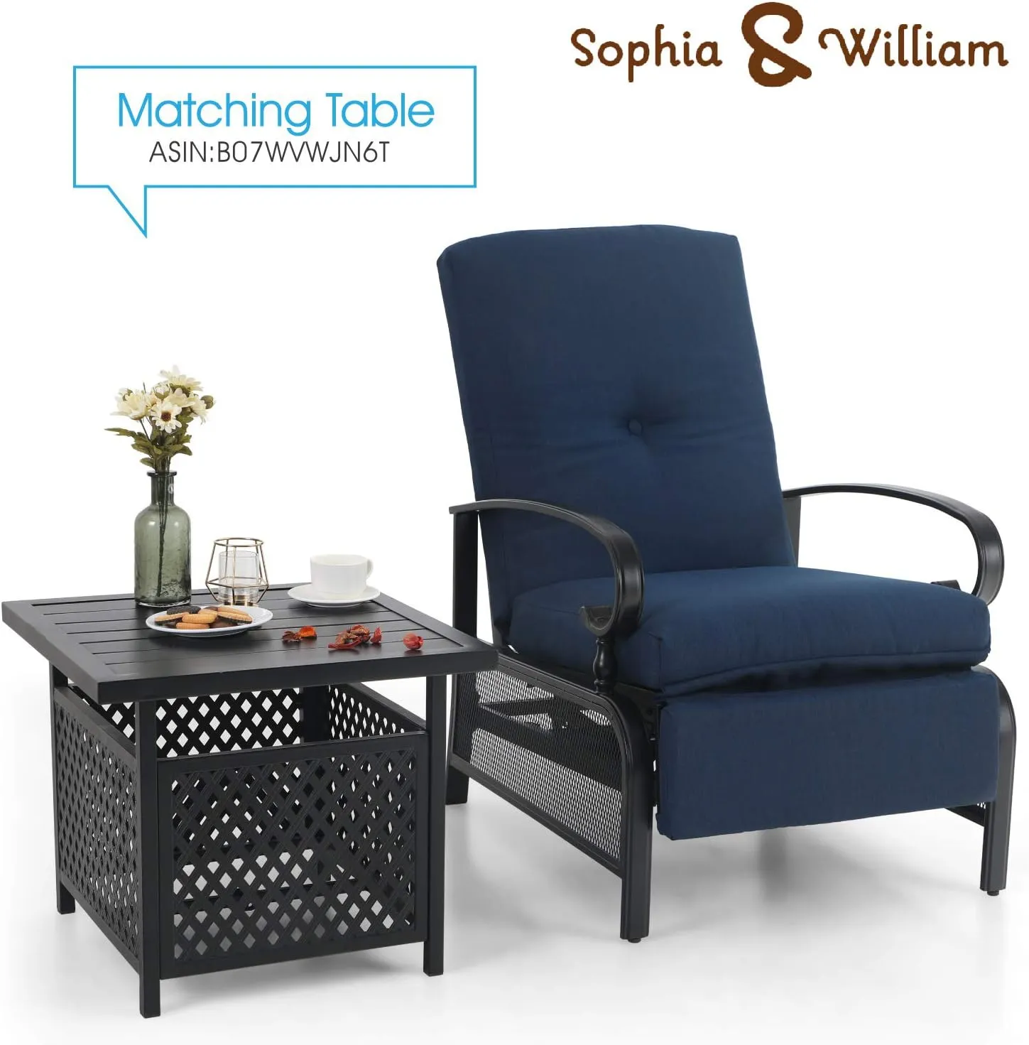 Sophia & William Outdoor Recliner Chairs Set of 2 Adjustable Patio Reclining Lounge Chair with Removable Cushion Support 300lbs, Navy
