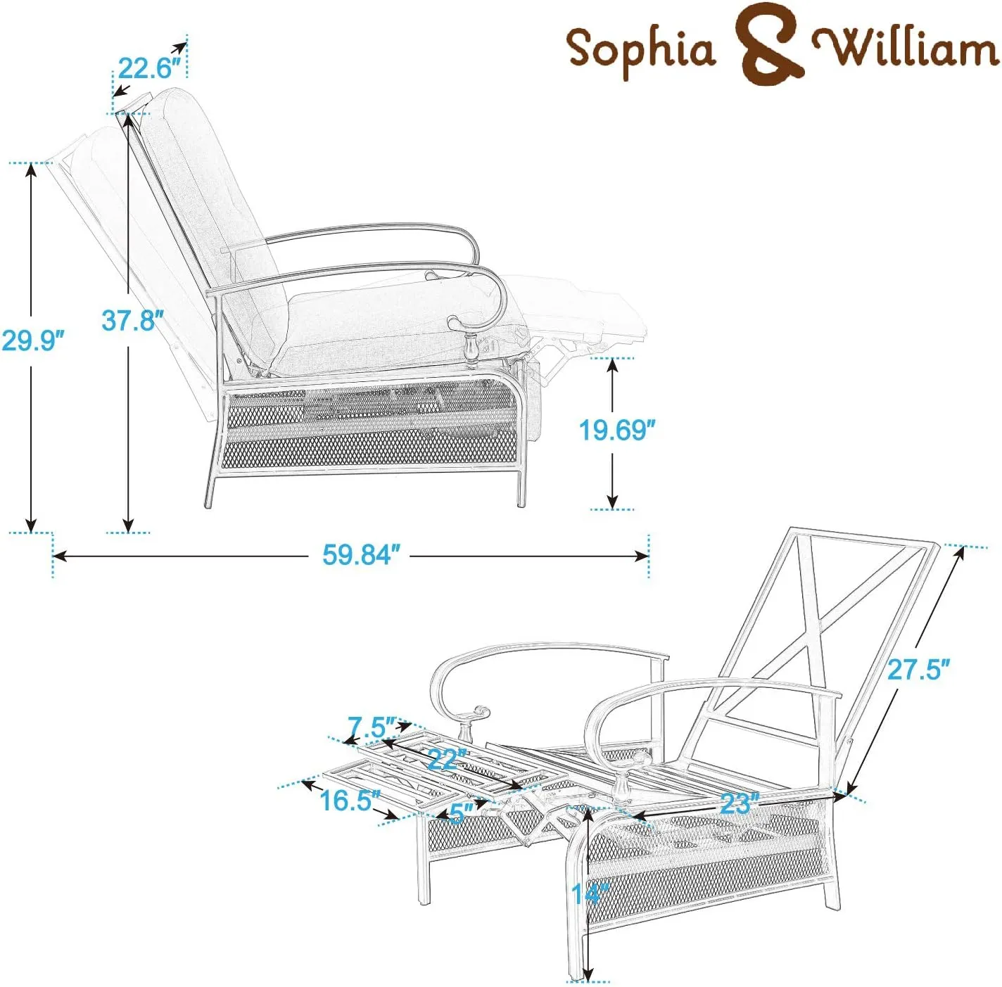 Sophia & William Outdoor Recliner Chairs Set of 2 Adjustable Patio Reclining Lounge Chair with Removable Cushion Support 300lbs, Navy
