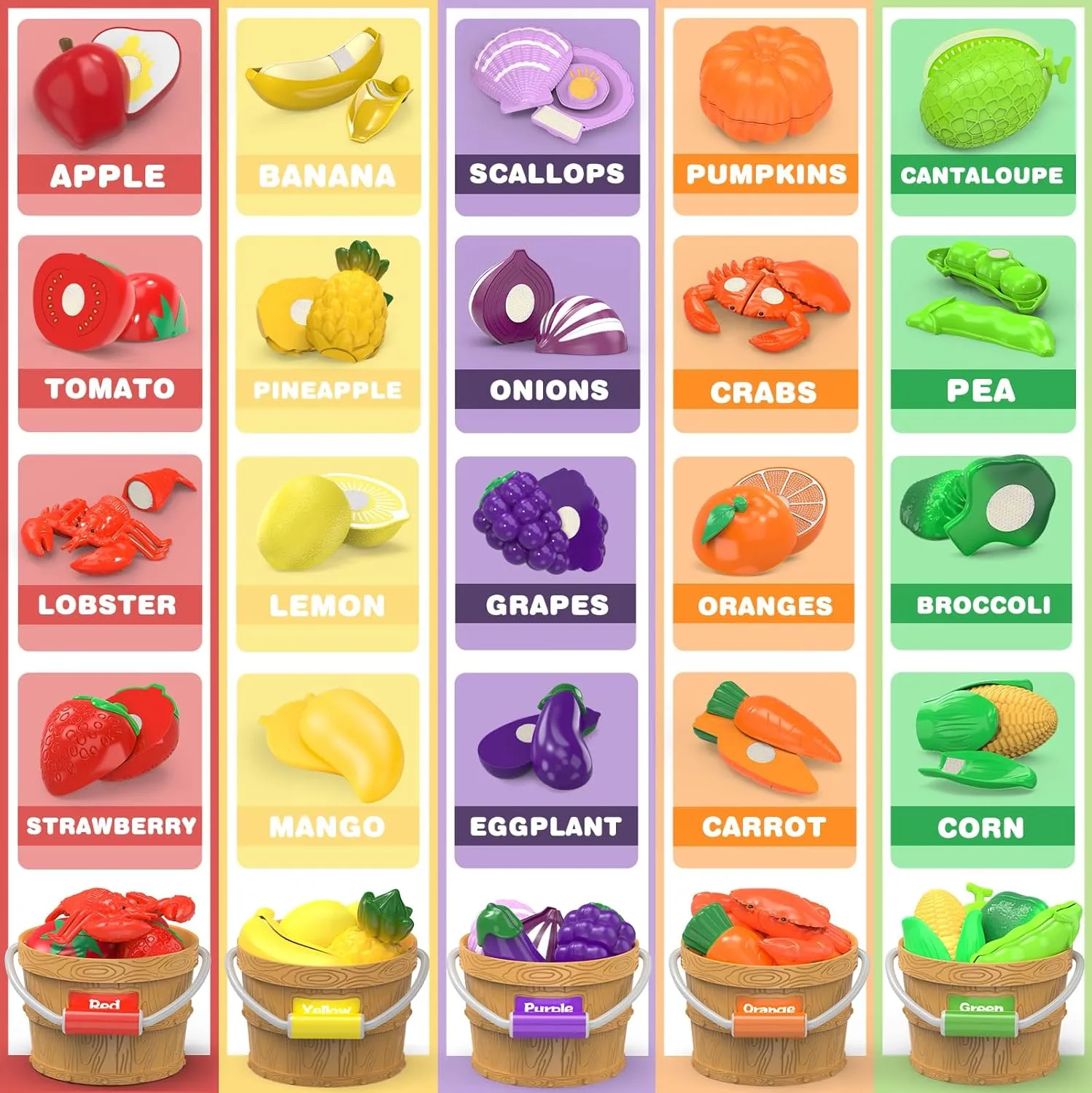 Sorting Play Food Sets - 5 Buckets with Handle, 1 Storage Basket, Cutting Fake Food Toys for Kids Kitchen, Pretend Play Accessories for Toddler, Preschool Learning Educational Birthday