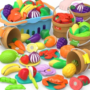 Sorting Play Food Sets - 5 Buckets with Handle, 1 Storage Basket, Cutting Fake Food Toys for Kids Kitchen, Pretend Play Accessories for Toddler, Preschool Learning Educational Birthday