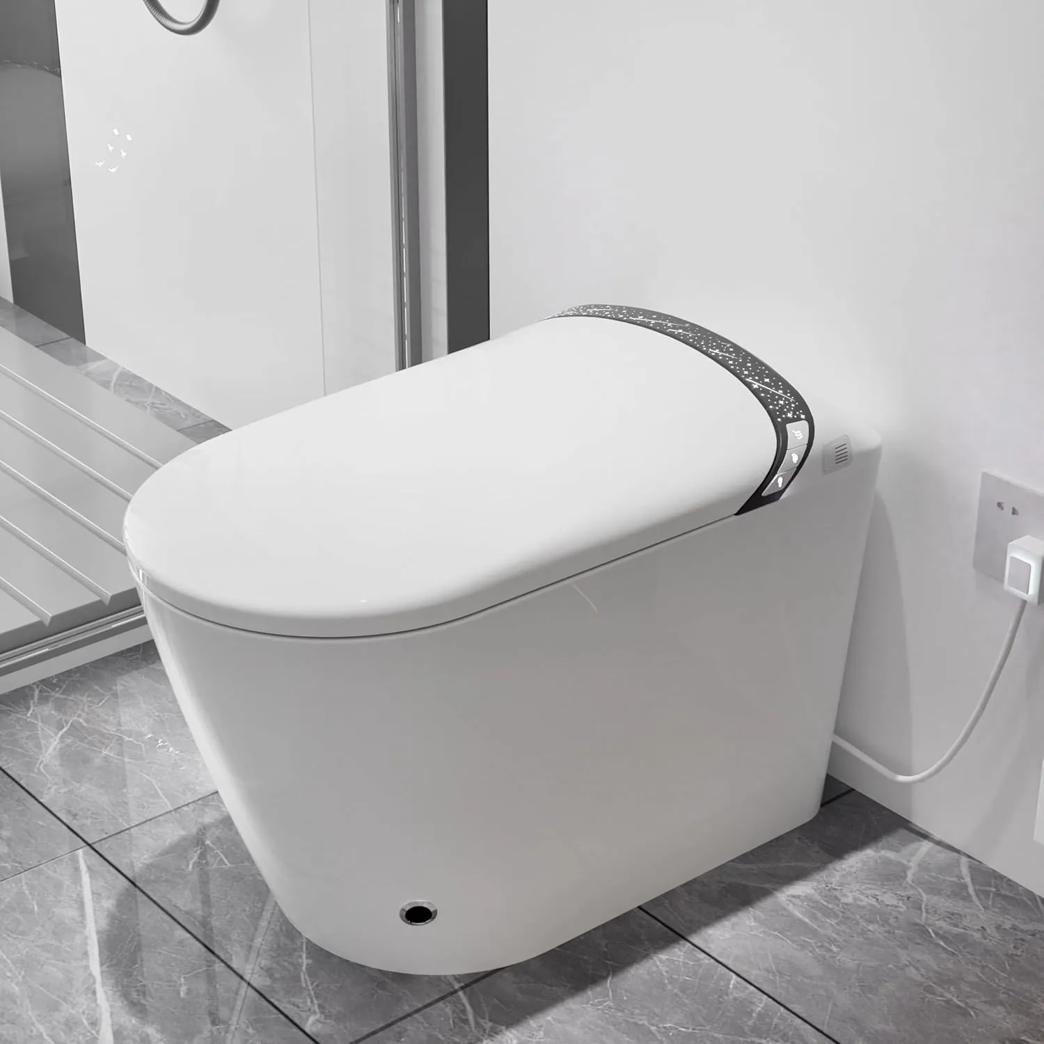 Sounor Modern Smart Toilets With Bidet Built In Self Cleaning,Elongated Heated Seat,Warm Water Sprayer,Foot Kick,1.28 GPF Powerful Auto Flush,Auto Open/Close Lid, LED Night Light Display (White)