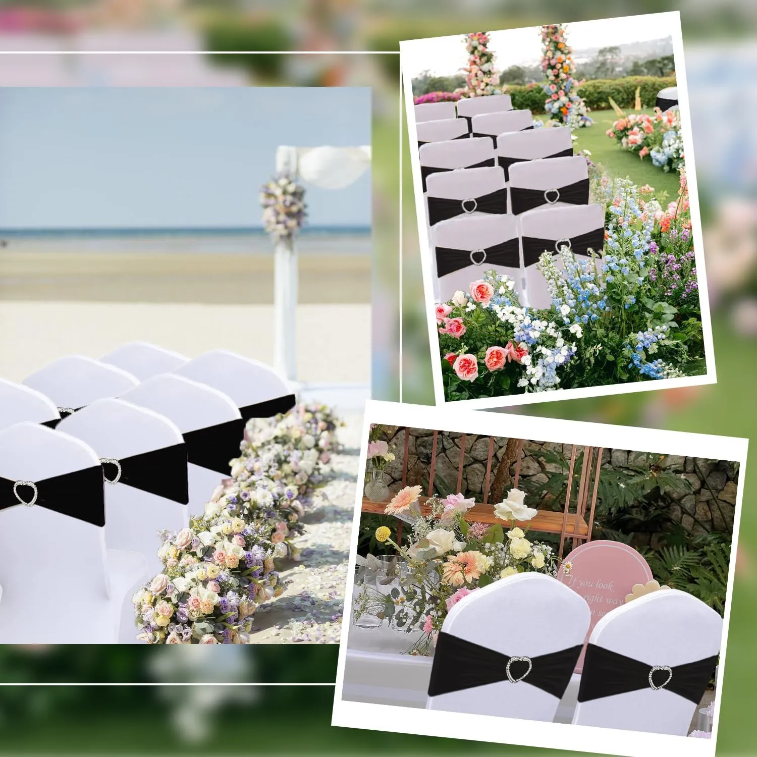 Spandex Black Chair Sashes Bows 30 Pack Black Sashes for Chairs Universal Elastic Chair Sashes Bands with Heart Buckle Slider for Banquet Wedding Party Decorations