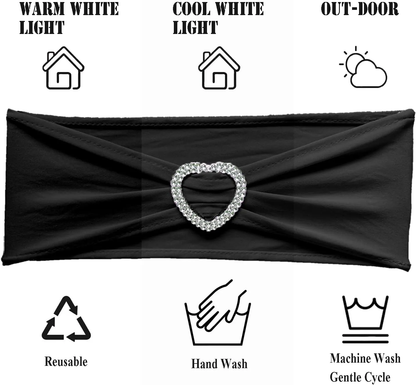 Spandex Black Chair Sashes Bows 30 Pack Black Sashes for Chairs Universal Elastic Chair Sashes Bands with Heart Buckle Slider for Banquet Wedding Party Decorations