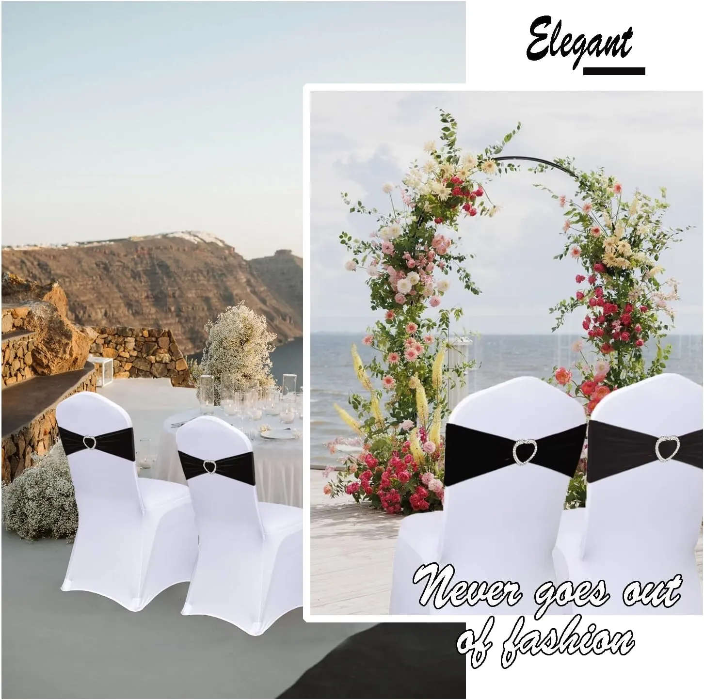 Spandex Black Chair Sashes Bows 30 Pack Black Sashes for Chairs Universal Elastic Chair Sashes Bands with Heart Buckle Slider for Banquet Wedding Party Decorations
