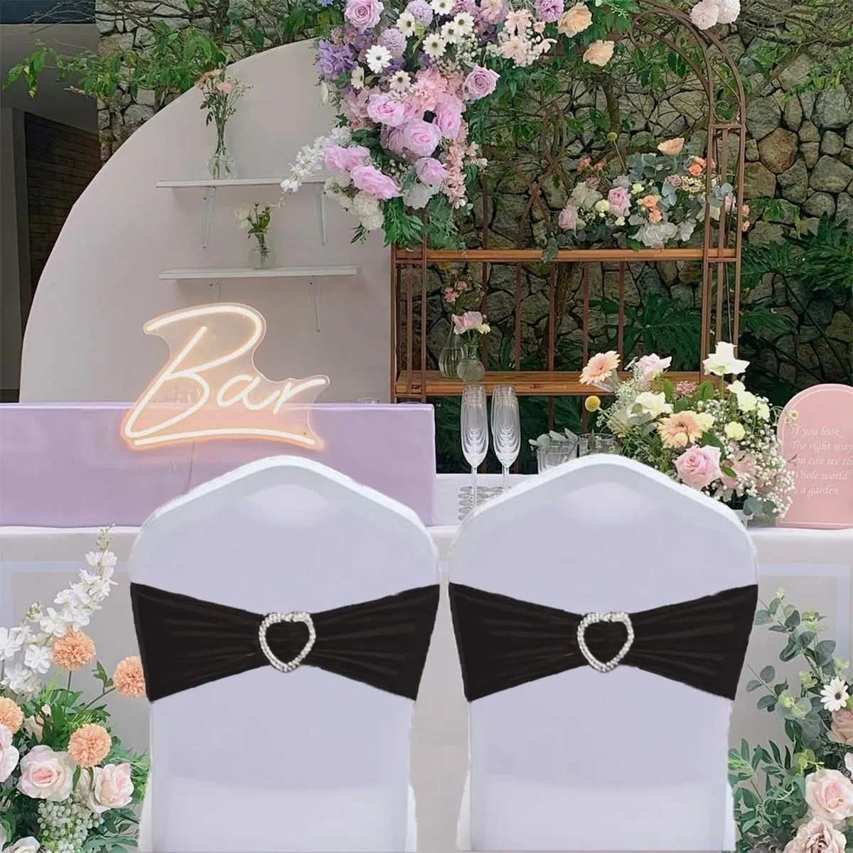 Spandex Black Chair Sashes Bows 30 Pack Black Sashes for Chairs Universal Elastic Chair Sashes Bands with Heart Buckle Slider for Banquet Wedding Party Decorations