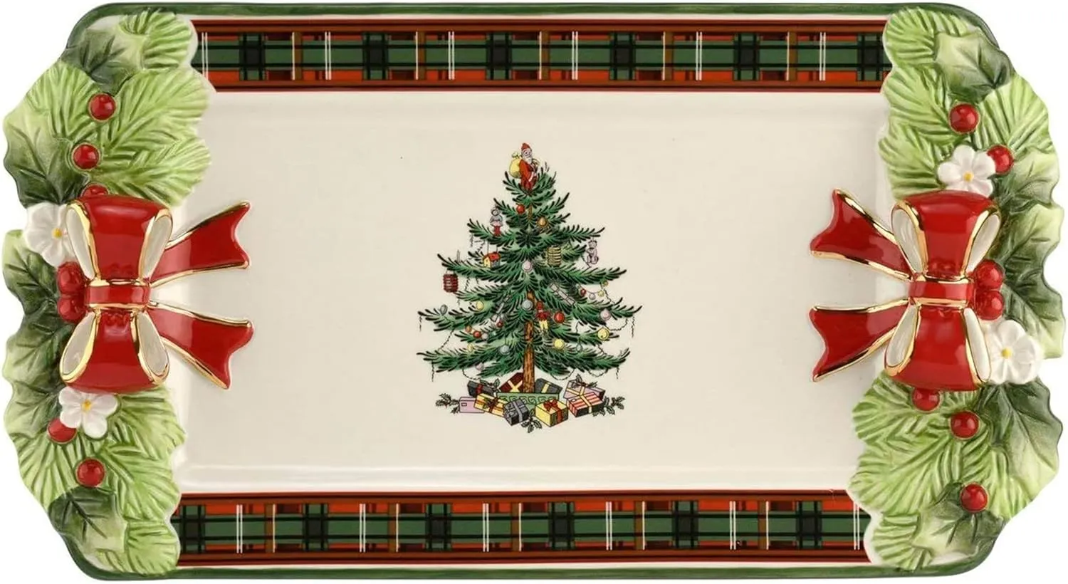 Spode Christmas Tree Figural Tartan Tray, 12-Inch Festive Serving Tray with Tartan Border, Christmas Serving Tray - Fine Earthenware - Holiday Tableware for Desserts, Appetizers, Snacks