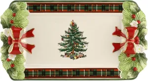 Spode Christmas Tree Figural Tartan Tray, 12-Inch Festive Serving Tray with Tartan Border, Christmas Serving Tray - Fine Earthenware - Holiday Tableware for Desserts, Appetizers, Snacks