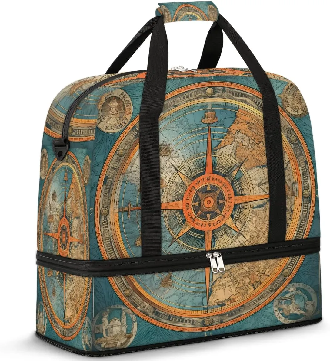Sports Duffel Bag, Foldable Compass Travel Duffel Bag, Gym Yoga Beach Bag Weekender Overnight Bag with Shoes Compartment for Men Women, Nautical Compass