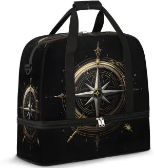Sports Duffel Bag, Foldable Compass Travel Duffel Bag, Gym Yoga Beach Bag Weekender Overnight Bag with Shoes Compartment for Men Women, Vintage Compass