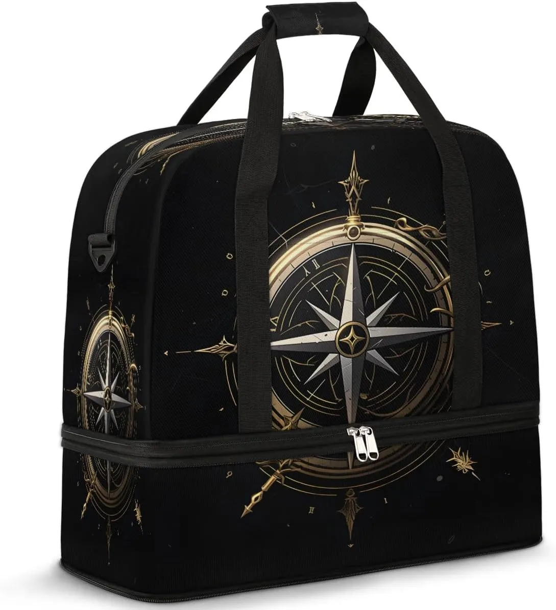 Sports Duffel Bag, Foldable Compass Travel Duffel Bag, Gym Yoga Beach Bag Weekender Overnight Bag with Shoes Compartment for Men Women, Vintage Compass