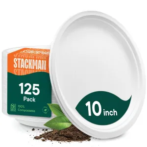 Stack Man 100% Compostable Paper Plates 10 Inch Heavy-Duty [125-Pack] Eco-Friendly White Bagasse Disposable Dinner Plates From Natural Sugarcane - 10" Biodegradable Plate (BPI-Certified) (PFAS-Free)